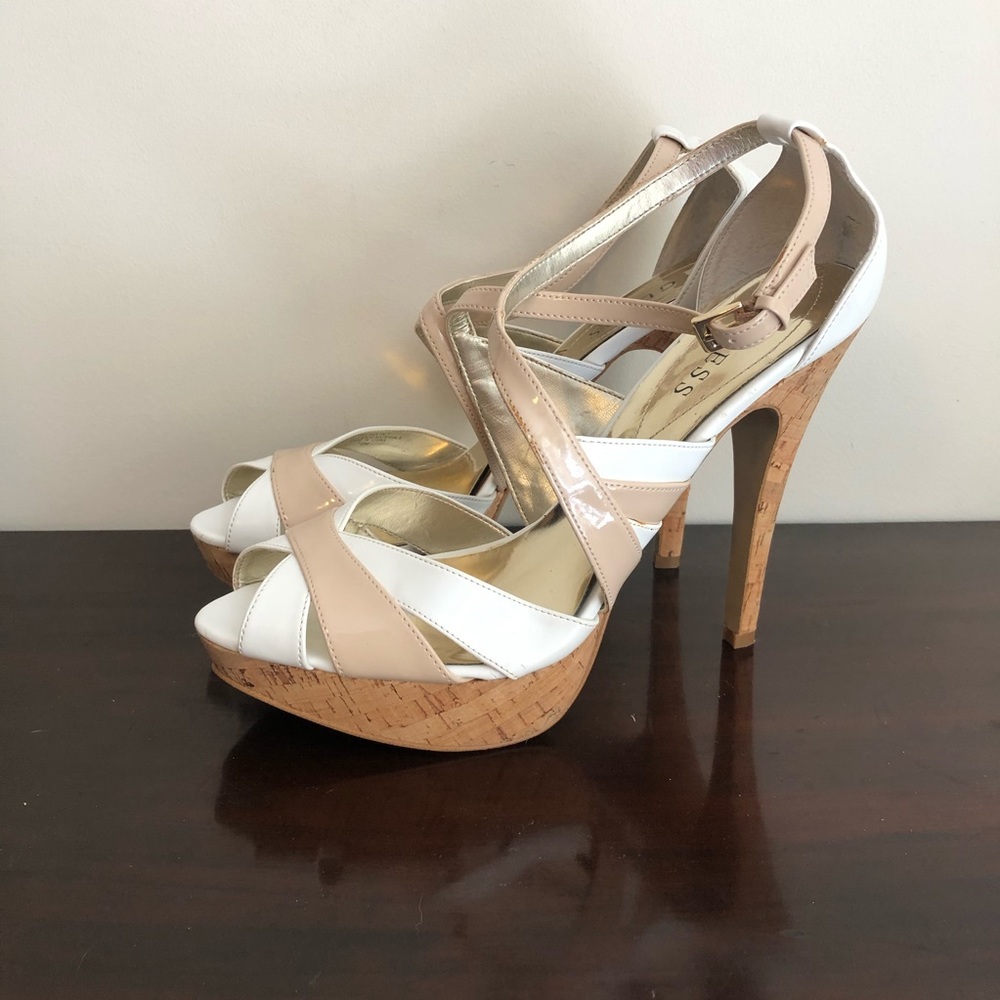 10M Guess Platform White and Tan Cork Heels